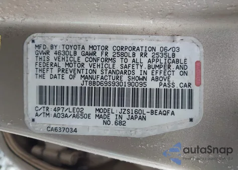 2003 Lexus Gs 300 z USA, uszkodzony, nr VIN JT8BD69S930190095